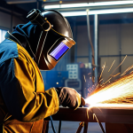 **

A brightly lit welding workshop. A worker, wearing full protective gear (welding mask with auto-darkening filter, flame-resistant clothing, gloves), is welding at an adjustable-height workbench. Focus on localized exhaust ventilation system with a flexible arm capturing fumes directly at the source. Emphasize clean air and safety equipment. Style: Realistic, industrial photography.

**