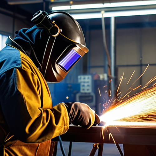 **

A brightly lit welding workshop. A worker, wearing full protective gear (welding mask with auto-darkening filter, flame-resistant clothing, gloves), is welding at an adjustable-height workbench. Focus on localized exhaust ventilation system with a flexible arm capturing fumes directly at the source. Emphasize clean air and safety equipment. Style: Realistic, industrial photography.

**