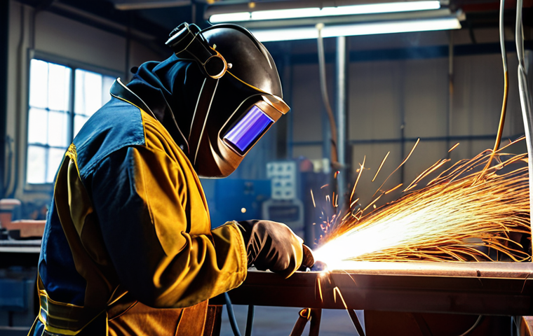 **
A brightly lit welding workshop. A worker, wearing full protective gear (welding mask with auto-darkening filter, flame-resistant clothing, gloves), is welding at an adjustable-height workbench. Focus on localized exhaust ventilation system with a flexible arm capturing fumes directly at the source. Emphasize clean air and safety equipment. Style: Realistic, industrial photography.
**