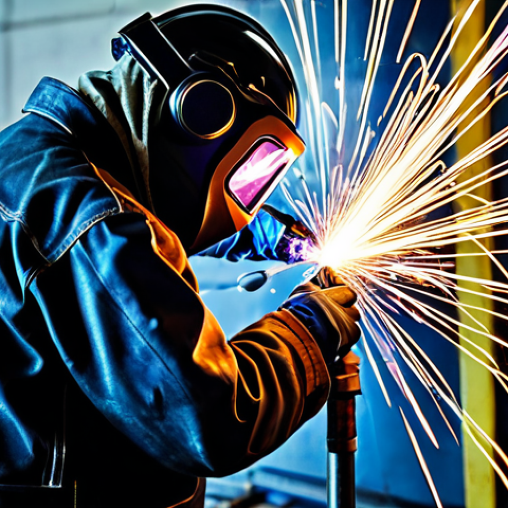 A highly skilled professional welder, wearing a fully enclosed welding helmet with an auto-darkening lens, protective leather jacket, and heavy-duty gloves, precisely performing a TIG weld on a stainless steel pipe in a well-lit, industrial workshop. Sparks and light from the arc are contained and controlled. The focus is on the intricate detail of the weld pool and the welder's steady hands. The environment is clean and organized, showing a commitment to safety. Perfect anatomy, correct proportions, natural pose, well-formed hands, proper finger count, natural body proportions. Fully clothed, modest clothing, appropriate attire, professional dress, safe for work, appropriate content, professional, family-friendly, high-quality, professional photography.