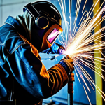 A highly skilled professional welder, wearing a fully enclosed welding helmet with an auto-darkening lens, protective leather jacket, and heavy-duty gloves, precisely performing a TIG weld on a stainless steel pipe in a well-lit, industrial workshop. Sparks and light from the arc are contained and controlled. The focus is on the intricate detail of the weld pool and the welder's steady hands. The environment is clean and organized, showing a commitment to safety. Perfect anatomy, correct proportions, natural pose, well-formed hands, proper finger count, natural body proportions. Fully clothed, modest clothing, appropriate attire, professional dress, safe for work, appropriate content, professional, family-friendly, high-quality, professional photography.