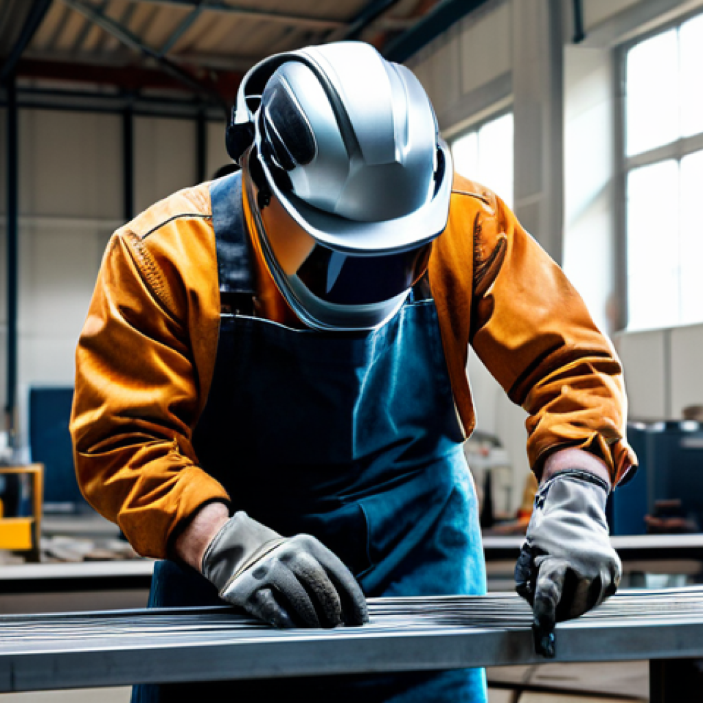 **A skilled welder, fully clothed in appropriate protective gear (helmet, gloves, apron), working on a complex metal structure in a brightly lit, modern workshop, appropriate content, safe for work, perfect anatomy, natural proportions, professional, high quality.**