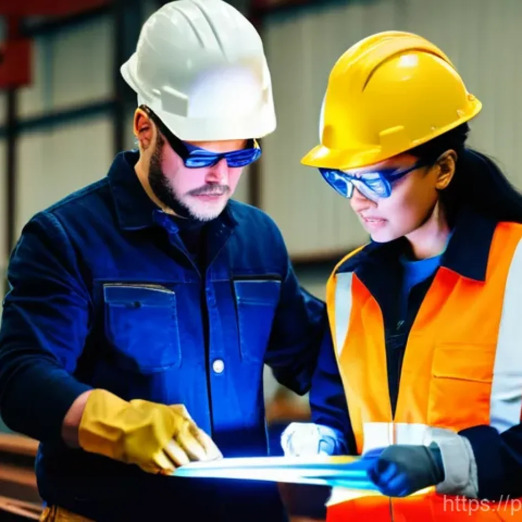용접사와 현장 관리자 관계 - A vibrant construction site scene capturing a moment of intense, focused collaboration between a ski...