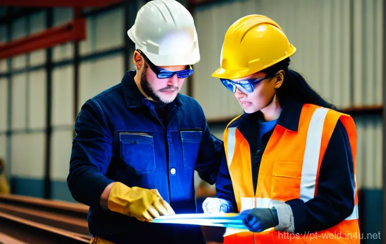 용접사와 현장 관리자 관계 - A vibrant construction site scene capturing a moment of intense, focused collaboration between a ski...