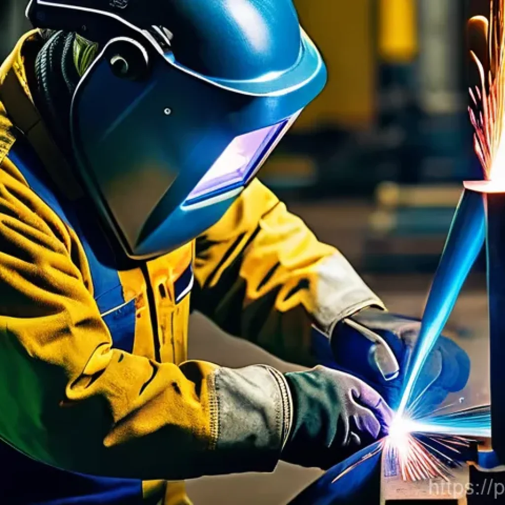 용접사의 국제 자격증 취득 사례 - **Prompt:** A highly skilled, professional welder, wearing a clean, modern welding helmet, a durable...
