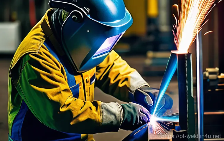 용접사의 국제 자격증 취득 사례 - **Prompt:** A highly skilled, professional welder, wearing a clean, modern welding helmet, a durable...