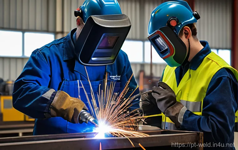 용접사의 국제 자격증 취득 사례 - **Prompt:** A highly skilled, professional welder, wearing a clean, modern welding helmet, a durable...