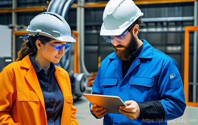 용접사의 국제 자격증 취득 사례 - **Prompt:** A diverse group of four welding students, including both men and women, actively engaged...