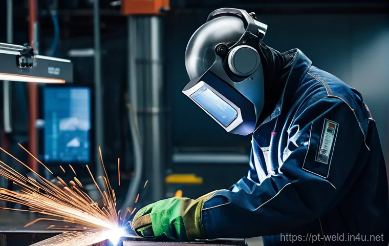 용접사의 효율적인 경력 관리 - **Prompt:** A highly skilled male welder, mid-30s, with a serious but focused expression, wearing cl...