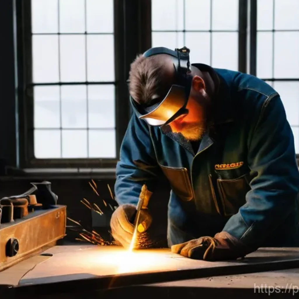 용접 업무 일기 작성법 - **Prompt 1: The Seasoned Welder's Reflection**
    A seasoned male welder, mid-40s, with a rugged, e...