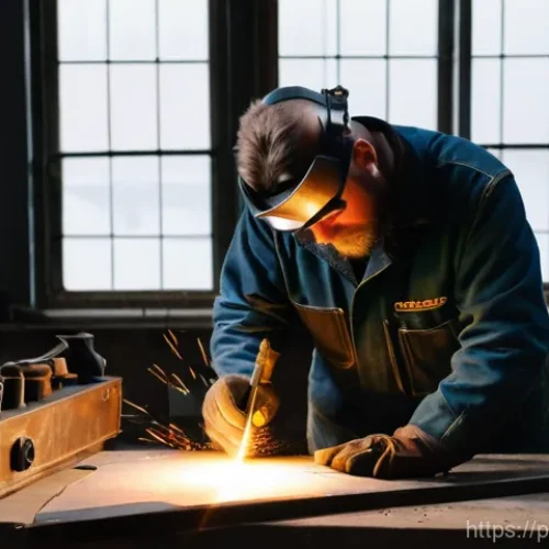 Home 20 용접 업무 일기 작성법 - **Prompt 1: The Seasoned Welder's Reflection**
A seasoned male welder, mid-40s, with a rugged, e...