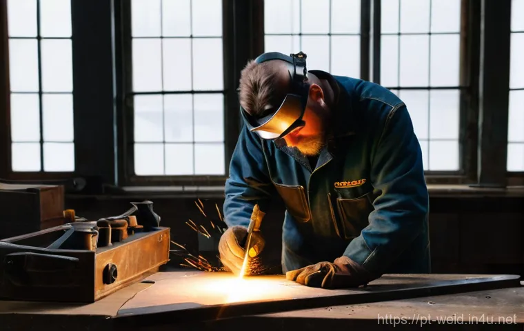 용접 업무 일기 작성법 - **Prompt 1: The Seasoned Welder's Reflection**
    A seasoned male welder, mid-40s, with a rugged, e...