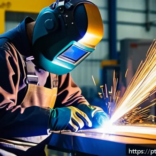 용접 직무 교육 과정 - A skilled welder in protective gear including a dark visor helmet, heat-resistant gloves, apron, and...