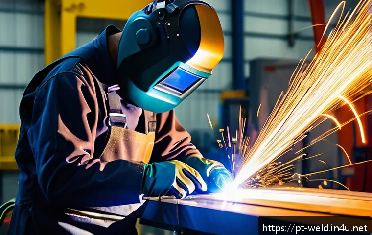 용접 직무 교육 과정 - A skilled welder in protective gear including a dark visor helmet, heat-resistant gloves, apron, and...