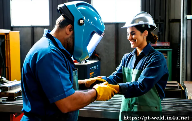 Home 15 용접사의 비즈니스 매너 - Photorealistic professional welder in clean protective workwear and welding helmet, greeting a clien...