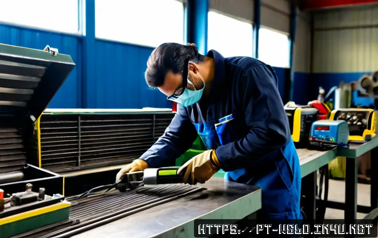 용접 기계 유지보수 팁 - Photorealistic close-up of a skilled Brazilian workshop technician performing preventive maintenance...