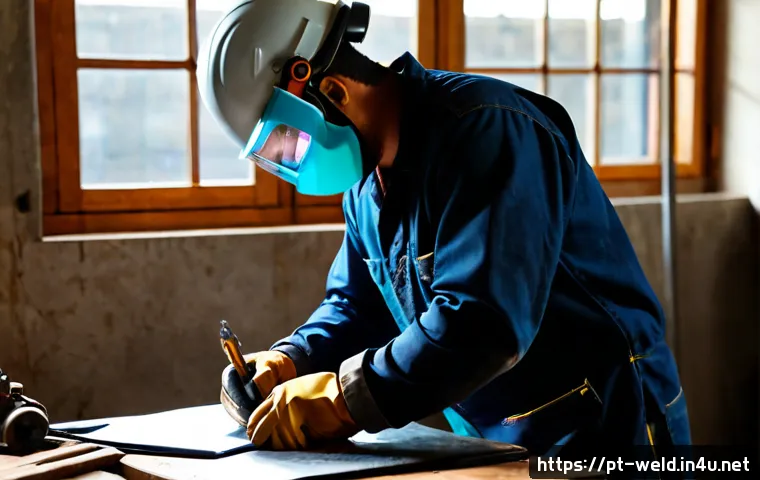 용접사 인터뷰 준비 방법 - Photorealistic Brazilian welder preparing for a job interview at a clean home workshop desk, wearing...