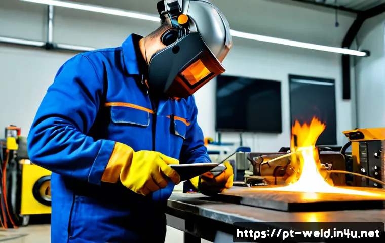 Home 17 용접 작업과 생산성 향상 전략 - Photorealistic Brazilian manufacturing workshop, skilled welder in full protective helmet, flame-res...